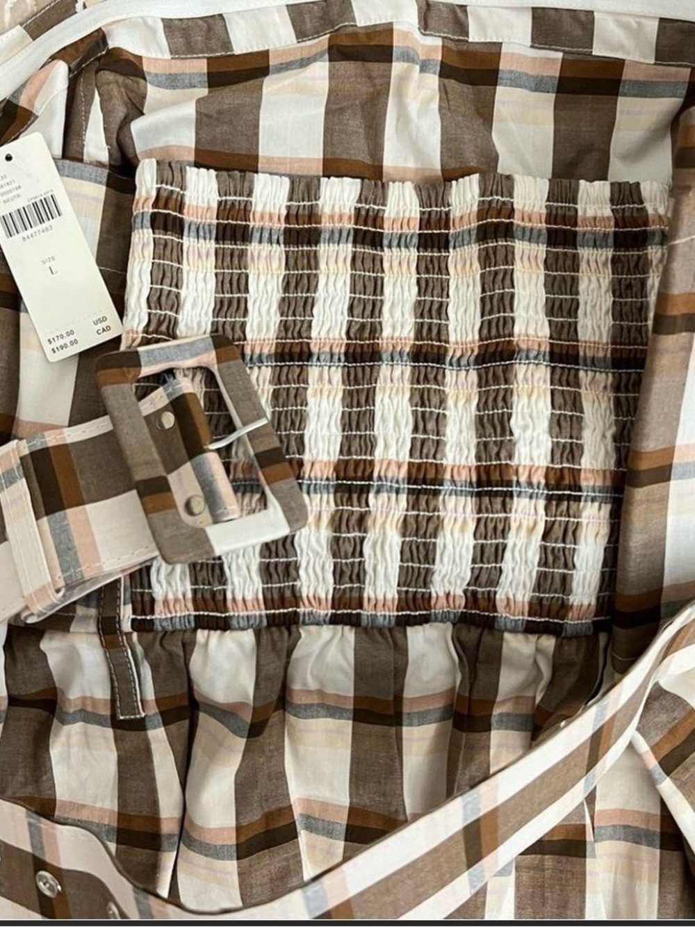 Anthropologie Brown & White Strapless Gingham Belted Midi Dress XL - Picture 7 of 7
